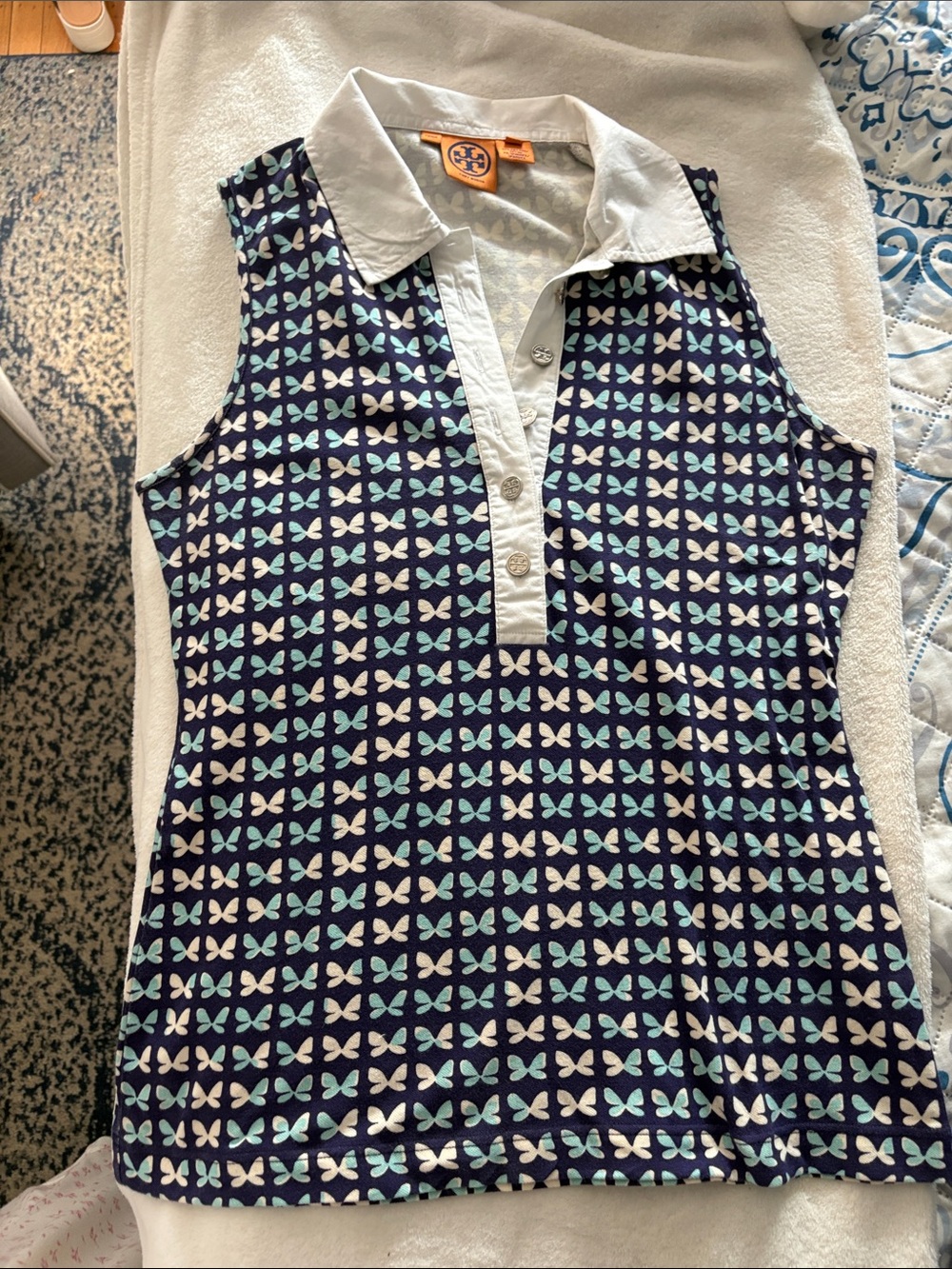 Tory Burch Navy Butterfly-Print Polo with White Collar - Picture 2 of 3